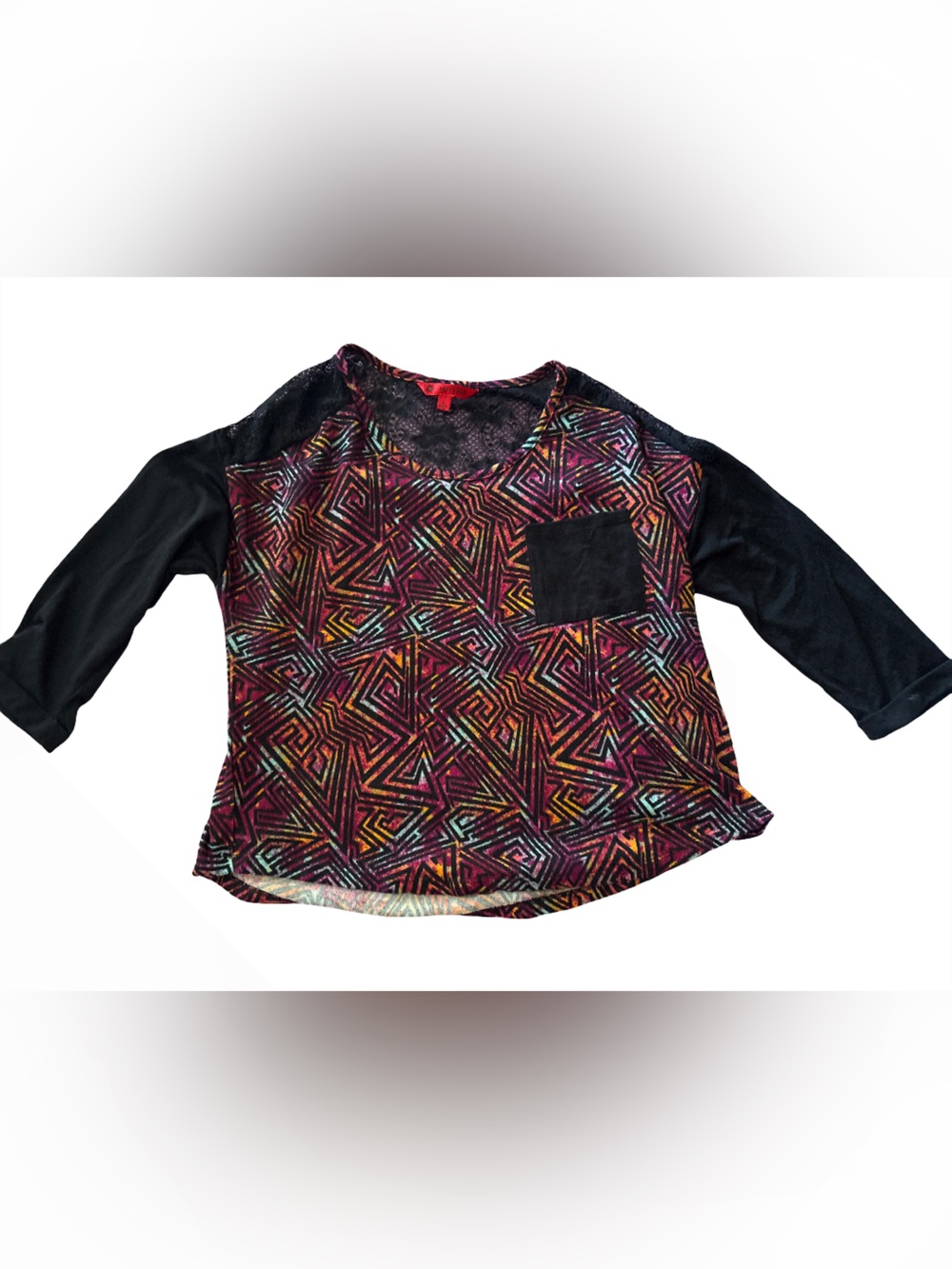 Hot Kiss Multicolor Geometric Print Raglan Top with Black Sleeves